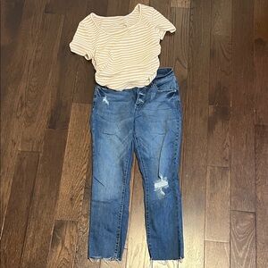 KanCan Distressed Ankle Jeans with Ruche Side Striped Top